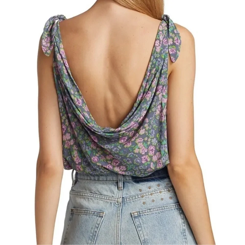 NWT Free People Bare It All Bodysuit Chambray Combo Floral Draped Boho top
